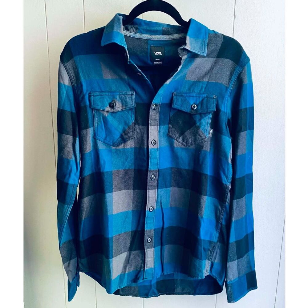 Vans Men's Small Blue Black Plaid Flannel Button Front Shirt Tailored Fit